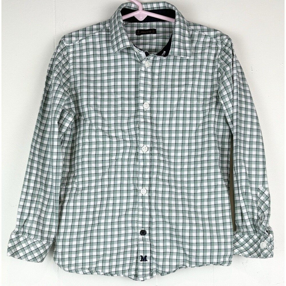 Mayoral Boys Shirt Button-Up Plaid Green Navy Blue Long Preppy Sleeve, Size 6